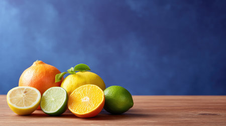 A fresh citrus fruits including grapefruit, lemon, lime, and orange are beautifully arranged on wooden surface, showcasing their vibrant colors against blue backgroundの素材