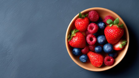 A fresh strawberries, blueberries, and raspberries are beautifully arranged in wooden bowl, creating vibrant and colorful display. rich colors evoke sense of freshness and healthinessの素材