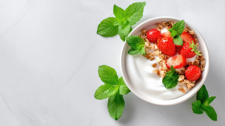 A healthy breakfast bowl featuring creamy yogurt topped with fresh strawberries and crunchy granola, garnished with mint leaves, evokes refreshing and nutritious start to dayの素材