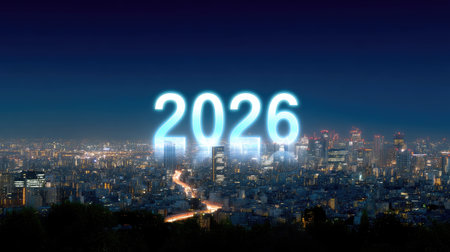 A futuristic city skyline illuminated at night, featuring year 2026 prominently displayed in glowing text. scene evokes sense of anticipation and modernity, showcasing urban life and innovationの素材