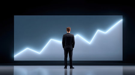 A businessman stands confidently in front of glowing graph, symbolizing growth and success. upward trend evokes feelings of ambition and determination in modern settingの素材