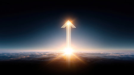 A growth arrow rising above clouds, symbolizing progress and success, with bright sun illuminating horizon, creating sense of hope and aspirationの素材