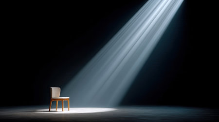 A single spotlight illuminates wooden chair in empty dark space, creating dramatic and contemplative atmosphere. contrast between light and shadow evokes sense of solitude and reflectionの素材