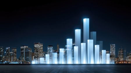 A futuristic financial hub with illuminated skyscrapers and glowing bar graphs representing data analysis and growth. scene conveys innovation and modernity in urban financeの素材