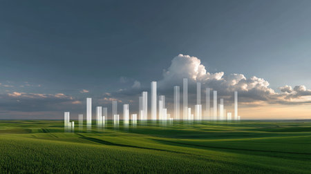 A futuristic landscape featuring green farmland with abstract skyscrapers emerging from ground, showcasing blend of nature and modern architecture. scene evokes sense of innovation and harmonyの素材