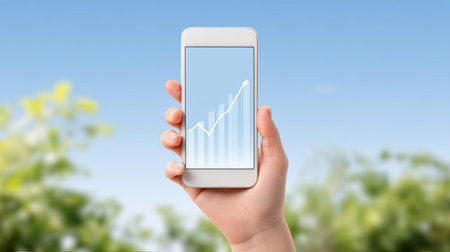 A hand holding smartphone displaying positive financial graph against clear blue sky, symbolizing growth and success in financeの素材