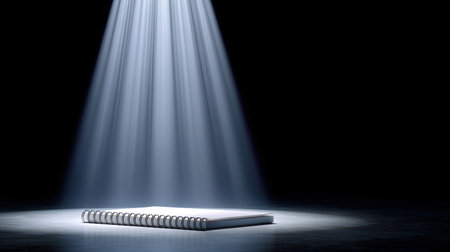 A spotlight shines on blank notebook in dark space, creating dramatic and artistic atmosphere. contrast between light and shadow emphasizes notebook potential for creativity and ideasの素材
