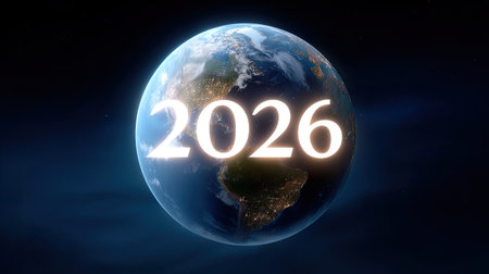 A digital earth with glowing text representing year 2026, showcasing vibrant view of planet from space, highlighting continents and city lights, evoking sense of future possibilitiesの素材