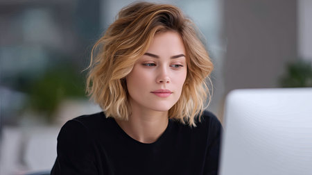 A young woman focused on work at coworking desk, displaying calm and thoughtful expression while using computer. modern workspace enhances her concentration and creativityの素材