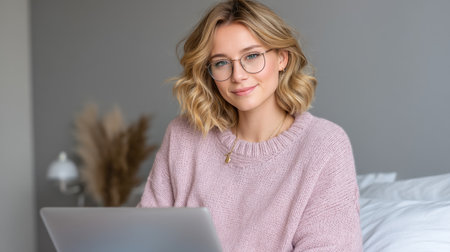 A young woman sitting on bed with laptop, working in cozy atmosphere, wearing glasses and soft sweater, exuding relaxed and focused vibeの素材