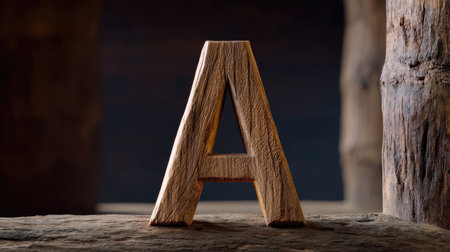 A closeup of bold letter carved into wood, showcasing its natural texture and grain. warm tones and rustic feel evoke sense of craftsmanship and artistryの素材