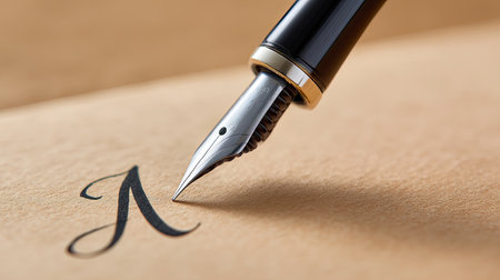 A closeup of fountain pen poised above beautifully inked letter on textured paper, showcasing elegance of calligraphy and artistry of writing. image evokes sense of creativity and craftsmanshipの素材
