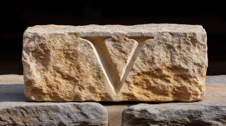 A closeup of carved stone letter v, showcasing rough grain texture and natural stone color, evoking sense of craftsmanship and artistryの素材