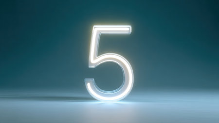A glowing neon number five stands out against dark background, creating striking visual effect. bright illumination adds modern touch, perfect for artistic displays or signageの素材