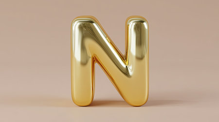 A glossy ceramic letter n in shiny gold finish, standing prominently against soft beige background. this artistic piece adds modern touch to any decor, evoking sense of elegance and creativityの素材