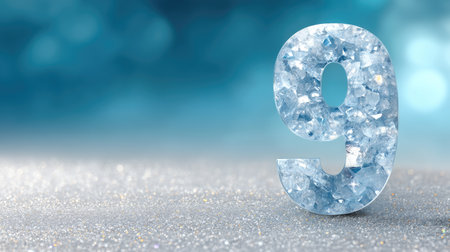 A closeup of frosted number nine, crafted from icy crystals, shimmering against soft blue background. sparkling texture adds magical touch, perfect for winter themesの素材