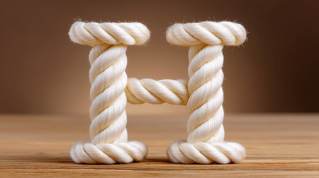 A closeup of letter h formed with rope fibers, showcasing intricate details and texture. warm background enhances visual appeal, creating cozy atmosphereの素材