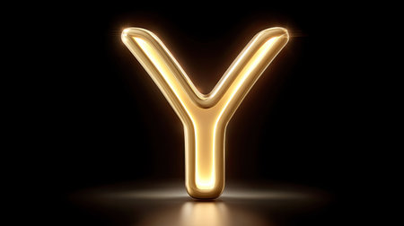 A closeup of glowing golden letter y, radiating warmth and elegance against dark background, creating captivating visual effectの素材