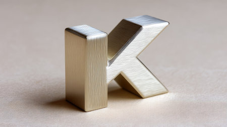 A closeup of metallic silver letter k, featuring brushed texture that adds depth and elegance to its appearance. letter stands prominently against soft background, evoking sense of sophisticationの素材