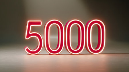 A closeup of glowing number 5000 illuminated in neon light, creating vibrant and modern aesthetic. bright colors and soft background enhance visual appeal, evoking sense of excitement and energyの素材