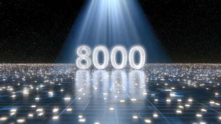 A glowing number 8000 stands prominently futuristic setting, illuminated by beam of light against starry background. reflective surface enhances ethereal atmosphere, creating sense of wonderの素材
