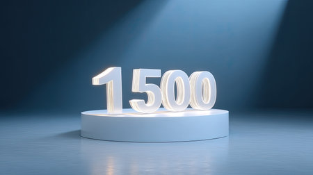 A closeup of glowing numbers 1500 on circular pedestal, illuminated by soft blue light, creating modern and artistic atmosphere that evokes sense of achievement and celebrationの素材
