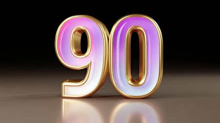 A vibrant and shiny number 90, featuring gradient of pink and white colors with golden outline, stands out against dark background, creating striking visual effectの素材