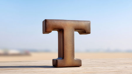 A closeup of rustic iron letter t, oxidized with textured surface, set against blurred outdoor background. warm tones evoke sense of vintage charm and characterの素材