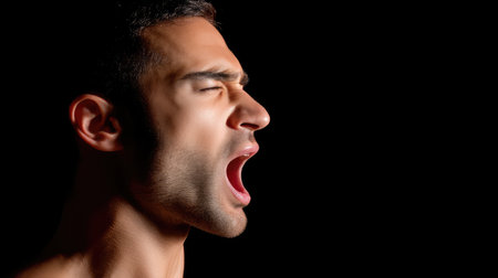A man is shouting in anger, showcasing intense emotion and expression in dramatic close up against dark background. image captures raw intensity of his feelingsの素材