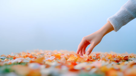 A serene scene featuring a delicate hand reaching for colorful autumn leaves scattered over the ground, set against a misty morning backdrop.の素材