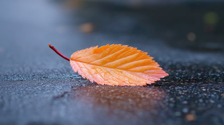 A beautiful single autumn leaf rests on a wet surface, showcasing vibrant orange hues and delicate raindrops. The scene brings a sense of tranquility and captures the essence of nature in fall. The rich colors contrast with the rain-kissed ground, creating a peaceful atmosphere perfect for evoking emotions associated with the changing seasons.の素材
