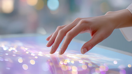 A close-up view of a human hand gently touching a sleek touchscreen display, showcasing an ethereal design with vibrant colors and light effects, emphasizing technological interaction.の素材