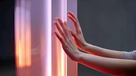 A striking image of human hands engaging with transparent panels that emit soft light. The composition showcases artistic interaction in a serene, abstract environment, evoking creativity and modern design.の素材