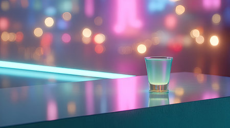 A vibrant cocktail glass sits on a modern bar counter, illuminated by blurred city lights behind it. The scene captures the essence of nightlife and stylish ambiance.の素材