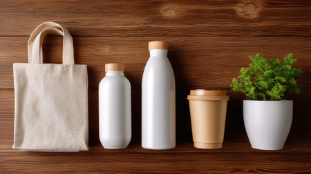 A stylish collection of eco-friendly containers, featuring a tote bag, various bottles, a coffee cup, and a small plant, arranged on a rustic wooden table.の素材