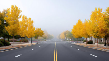 A tranquil autumn scene featuring a wide, empty street lined with vibrant yellow trees and a soft mist that enhances the serene atmosphere.の素材
