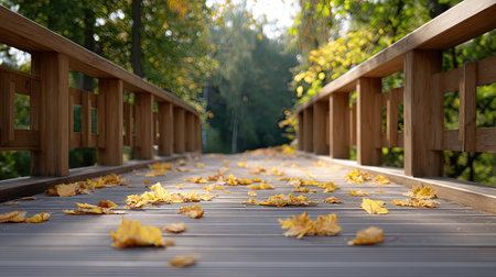 A serene wooden pathway stretches through a vibrant forest adorned with fallen autumn leaves, capturing the essence of nature's calm beauty and seasonal change.の素材