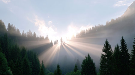 A breathtaking view of a misty forest at sunrise, showcasing tall trees with sunlight streaming through, creating a serene and tranquil atmosphere.の素材