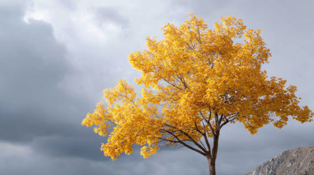 A stunning yellow tree stands out against a backdrop of dark, moody clouds, creating a vibrant autumn scene in nature. The striking contrast highlights the beauty of change in season.の素材