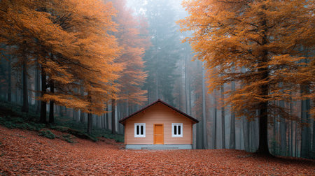 A charming cabin stands amidst vibrant orange leaves and towering trees in a serene forest landscape, surrounded by gentle mist, creating a peaceful escape.の素材