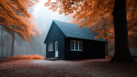 A serene black cabin stands alone in a misty forest surrounded by vibrant orange foliage, evoking tranquility amid autumnの素材