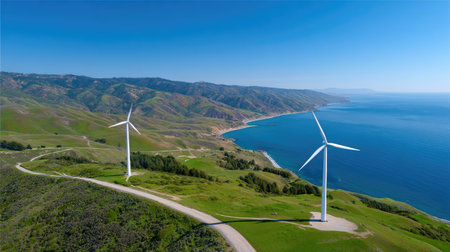 A breathtaking aerial view showcasing wind turbines on a lush green hill overlooking a vibrant blue ocean under a clear sky in daylight.の素材