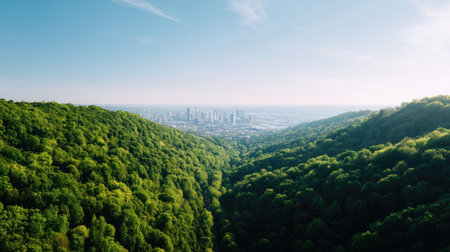 A breathtaking view of lush green valley surrounded by dense forests, with city skyline visible in distance under clear blue sky. scene evokes sense of tranquility and connection to natureの素材