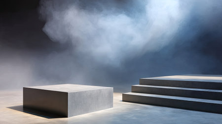 A simple podium of gray concrete stands in misty atmosphere, creating dramatic and artistic scene. soft lighting enhances textures and shapes, evoking sense of calm and creativityの素材