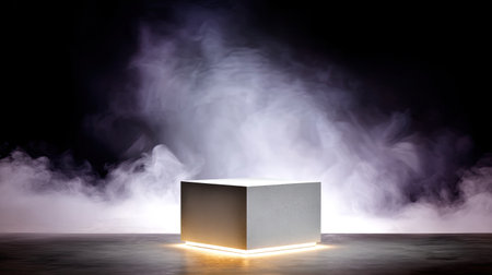 A gray cement podium illuminated softly in dark environment, surrounded by misty atmosphere, creating mysterious and artistic ambianceの素材