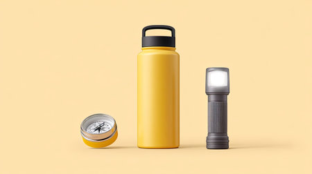 A sturdy yellow water bottle, compass, and flashlight are arranged on soft yellow background, creating vibrant and adventurous atmosphere perfect for outdoor activitiesの素材