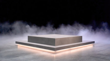 A modern gray concrete podium stands prominently, surrounded by misty atmosphere that adds dramatic effect. sleek design and subtle lighting create elegant and sophisticated ambianceの素材