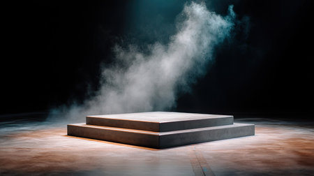 A gray concrete podium stands prominently dimly lit space, surrounded by soft mist that adds air of mystery and drama. lighting highlights podium clean lines and modern design, creating strikingの素材