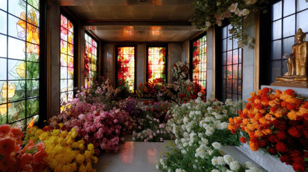 A serene indoor space adorned with vibrant flowers and colorful stained glass windows, creating peaceful atmosphere. arrangement of flowers in various hues enhances tranquil settingの素材