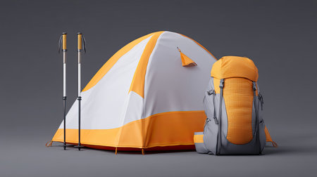 A vibrant camping tent and stylish backpack are displayed against neutral background, showcasing outdoor adventure gear. tent features bright orange and white design, while backpack complements itの素材